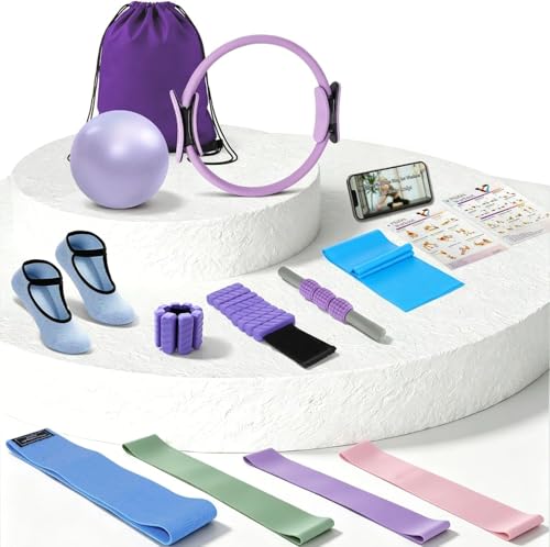 Pilates Ring Set: 35cm Magic Circle with Dual Padded Handles, Pilates Mini Ball, and Resistance Bands (15, 25, 35 lbs) for Strength, Flexibility, Stability, and Body Toning - color: Violet-13