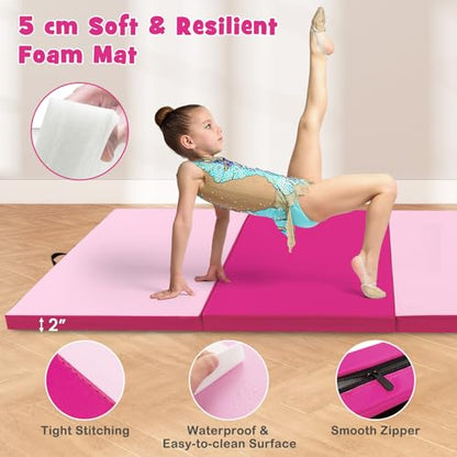 Giantex 4'x10'x 2" Gymnastics Mat, 4-Panel Folding Aerobics Exercise Mat w/Hook & Loop Fastener, Carrying Handle, Portable Tumbling Mat for Stretching Yoga Cheerleading Martial Arts - color: Light Pink/Pink
