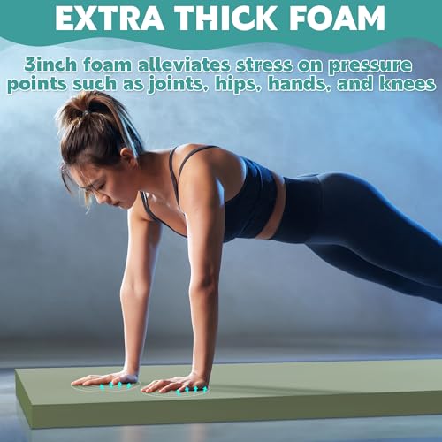 MABOZOO 3 Inch Thick Yoga Mat, Extra Thick Gymnastics Mat With Carrying Handles for Men Women, PU Leather Anti-Tear Fitness Foam Exercise Mat for Yoga, Pilates, Stretching - color: Army Green