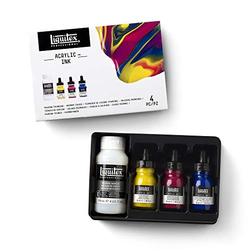 Liquitex Professional Acrylic Ink, 1-oz (30ml), Pouring Technique, Primary Colors, Set of 4 | Ultra Fluid Acrylic, Highly Pigmented, Dye-Free, Non-Fading, Satin Finish, Permanent When Dry, Lightfast - color: Pouring Set - Primary Colors
