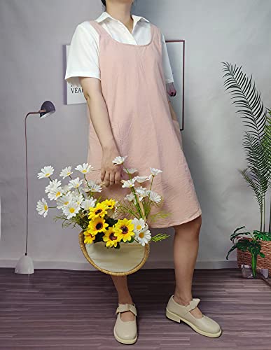 Cotton Cross Back Aprons Solid Color Cooking Kitchen Garden Smock for Women Girls with Pockets - color: Pink