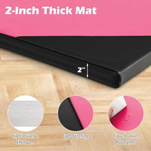 Giantex 4'x10'x 2" Gymnastics Mat, 4-Panel Folding Aerobics Exercise Mat w/Hook & Loop Fastener, Carrying Handle, Portable Tumbling Mat for Stretching Yoga Cheerleading Martial Arts - color: Rose/Black