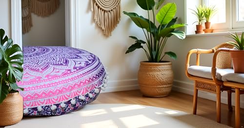 CRAFT KALA Round Mandala Boho Pillow Cover Meditation India Room Seating Poufs Cover for Living Room Yoga Room Home Décor Bedroom Balcony Garden Decoration Cotton Floor Cushion Cover (22", Pink Ombre) - color: Pink Ombre, size: 22"