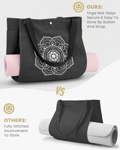 Gonex Yoga Mat Bag For Women Canvas Tote Pilates Gym Bag With Mat Carrier | Front-Opening Quick Access Mat Straps, Durable Cotton Canvas, Machine Washable, Bottle Holder Multi Pockets, Yoga Gym Travel - color: Black, size: Large(17.7×6.1×15.3inch)