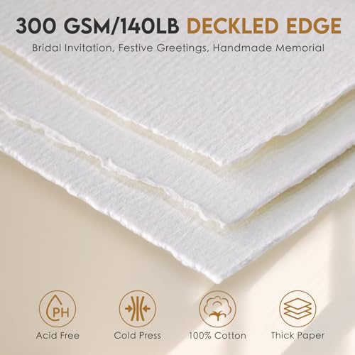 KOVIEDE Handmade Watercolor Paper 4x6 Inch, 140LB/300 GSM 100% Cotton Deckled Edge Paper, 50 Sheets Thick Textured Rough Mixed Media Paper for Postcards Wedding Invitations Arts Gifts - color: 4X6, size: 50 Sheets