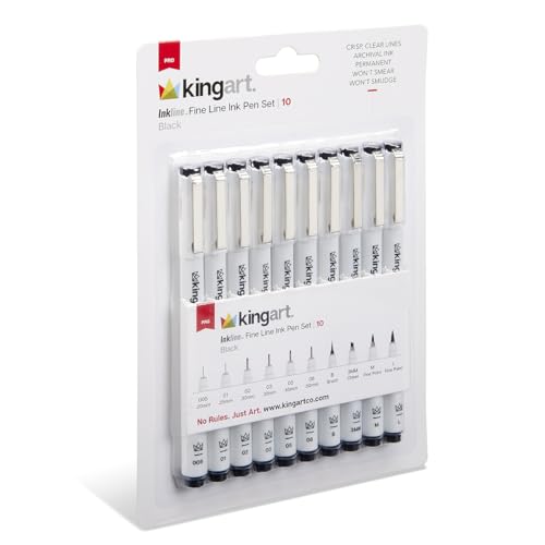 KINGART PRO Inkline Black Micro Line & Precision Graphic Pens, 10 Assorted Nibs, BLACK Archival Waterproof Japanese Ink for Art, Illustration, Calligraphy, Sketching, Anime, Technical Drawing, Manga