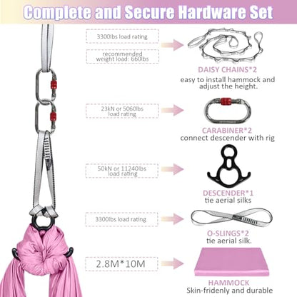 Aerial Silks Kit & Aerial Yoga Hammock - 11Yd Premium Fabric with Hardware | Easy Setup for Flying Yoga, Aerial Swing & Fitness - Supports Up to 14ft Rigging(Navy) - color: Light Pink