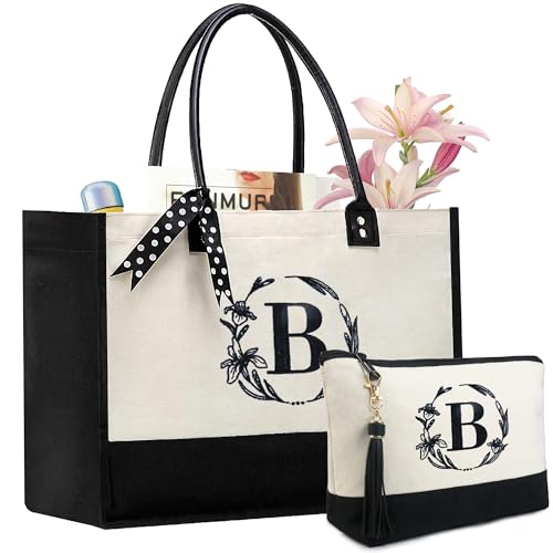 BeeGreen Embroidery Monogram Initial Tote Bag for Women Teacher Mom Friend Personalized Gift for Birthday Beach Work Wedding - color: White Lily, style: B