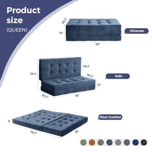 MAXYOYO 6" Folding Sofa Bed for Floor, Tufted Tri-Fold Floor Mattress | Queen Size Portable Sofa Couch Guest Mat with Chenille Fabric for Adults, Foldable Topper for Camping, Dusty Blue, Queen - color: Dusty Blue, size: Queen