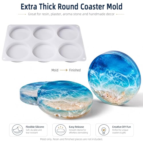 Extra Deep Coaster Resin Molds for 6 Cavity Round Thick Epoxy DIY Art Craft | 4 Inches Extra Thick Round Coaster Silicone Mold for Resin Epoxy, Flower Preservation, Easy Release, Beginner Friendly
