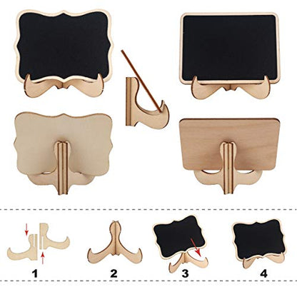 20 Pack Wooden Mini Chalkboard Signs with Easel Stand, 4x3 Inch Small Tabletop Chalkboard for Food Labels, Wedding Place Cards, Party Buffet - Reusable, with Replacement Stickers & Storage Box - color: A: Rectangle Edge Mini Chalkboards