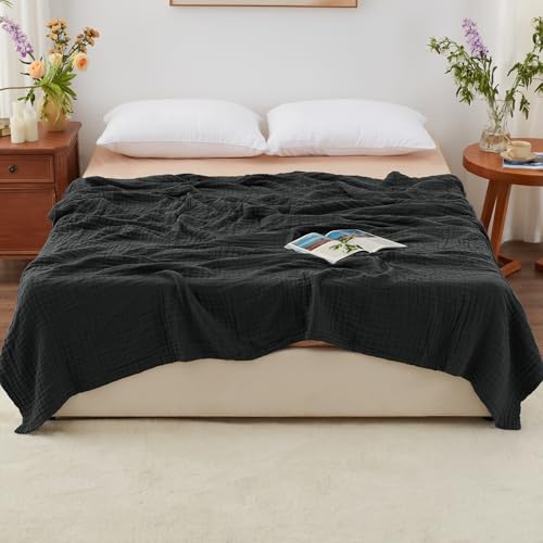 Love's cabin 100% Cotton Muslin Blanket, 6 Layer Lightweight Breathable Gauze King Size Blanket 108 x 90 Inches, Soft Summer Blanket for Bed, Black - color: Black, size: King(108"x90")
