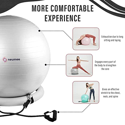 Yoga Ball Chair with 65cm Exercise Ball & 2 Resistance Bands, Stability Base for Home Office, Yoga, Pilates & Fitness, Balance Ball for Posture, Core Strength & Low Impact Workouts - color: Grey