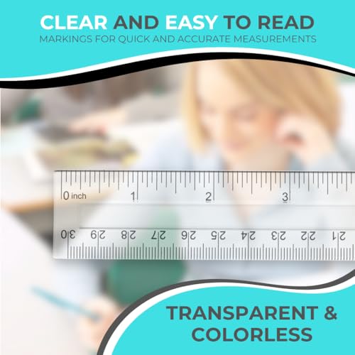 Clear Plastic Ruler 12 Inch, 50-Pack, Rulers Bulk for Classroom | School rulers with metric and imperial markings for students and teachers; clear design keeps lines and measurements visible