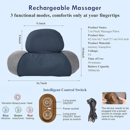 3 in 1 Heated Neck Massage Pillows with Heat for Pain Relief Deep Tissue, Cervical Neck Hump Corrector, Plug-in Pillow Supports