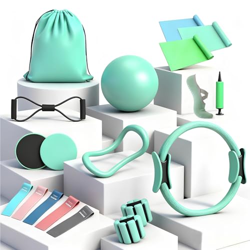 19PCS Pilates Kit, Mint Green Home Pilates Workout Kit for Women, Pilates Equipment with 14" Pilates Ring and Ball, Ankle Weights, Resistance Bands, Pilates Socks Accessories for Home Workout