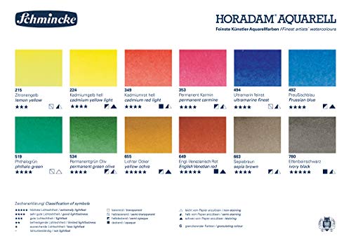 Schmincke - HORADAM AQUARELL color box with 12 finest watercolors, 74312097, metal box, painting set, 12 x 1/1 pans - style: 12 x 1/1 pans