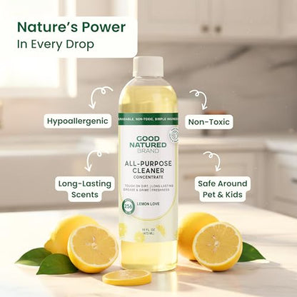Good Natured Brand All-Purpose Cleaner Concentrate | Multi-Surface Cleaner | Natural Lemon Essential Oil | Multipurpose Cleaner Concentrate All Surfaces | Lemon Love | 16oz makes 256oz - size: 16 Fl Oz