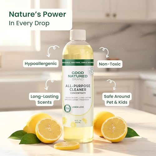 Good Natured Brand All-Purpose Cleaner Concentrate | Multi-Surface Cleaner | Natural Lemon Essential Oil | Multipurpose Cleaner Concentrate All Surfaces | Lemon Love | 16oz makes 256oz - size: 16 Fl Oz