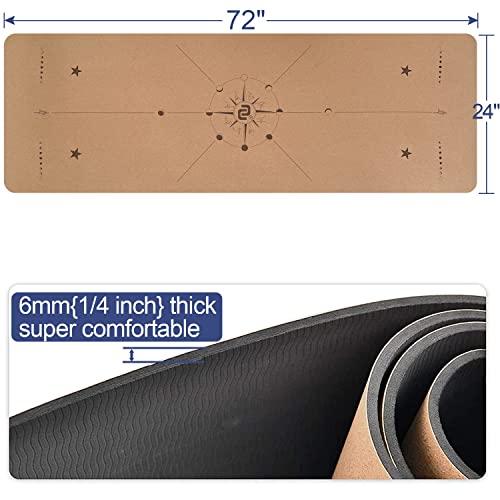 Numat 코르크 요가 매트 6mm 두께 182.9 x 61cm(72 x 24인치), 땀 방지 미끄럼 방지 친환경, 정렬 라인이 있는 경량 TPE 폼, 핫 요가, 필라테스, 체육관 및 운동에 적합, 블랙 휴대용 가방, 스트랩 포함 - color: 블랙 코르크