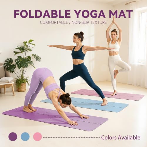Foldable Yoga Mat Thick Non-Slip Exercise Mat | Packable Travel Fitness Mat, Carrying Bag Included, For Yoga, Pilates, Workout, Home & Gym Use - color: purple