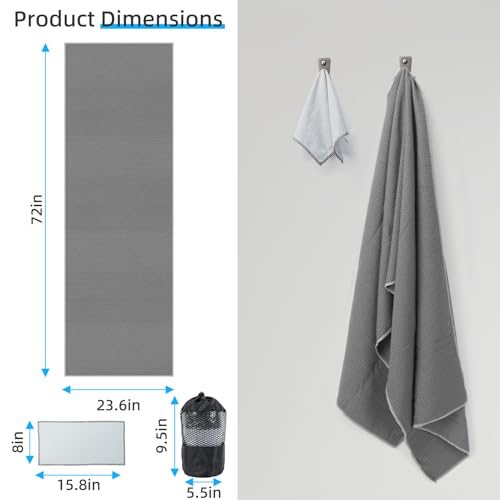 YESLIFE Non-Slip Yoga Towel, 72"x24", Grey | Microfiber yoga mat towel, grip dots, sweat absorbent, hot yoga Pilates workout, includes sweat towel, Grey - color: Grey