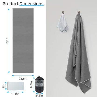 YESLIFE Non-Slip Yoga Towel, 72"x24", Grey | Microfiber yoga mat towel, grip dots, sweat absorbent, hot yoga Pilates workout, includes sweat towel, Grey - color: Grey