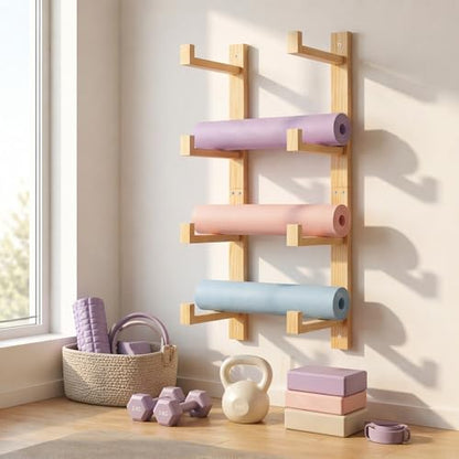 4-Tier Wooden Yoga Mat Holder Wall Mount, Yoga Mat Rack for Home Gym