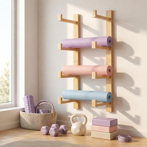 4-Tier Wooden Yoga Mat Holder Wall Mount, Yoga Mat Rack for Home Gym