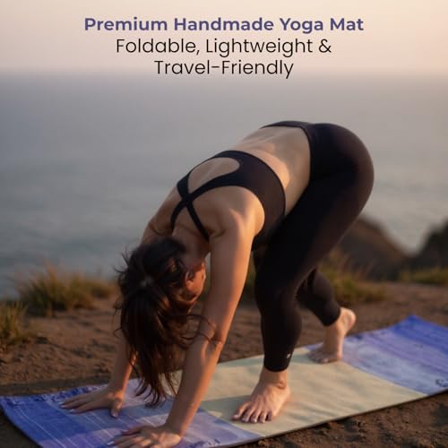 Indian Handmade100 % Organic Anti Skid Multi Colour Cotton Yoga Mat - Eco-Friendly Hand-Woven Rug - Non-Slip & Thick (24”x72”x5mm) for Hot yoga & Everyday Fitness at Home - Comfortable & Foldable Extra-Long Mat - color: Multi 17