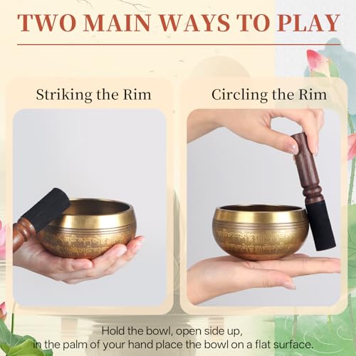 AKLOT HandMade Meditation Singing Bowl: Tibetan Sound Bowl Set with Pure Tone, Sound Bath Bowl with Cushion, Mallet, Spiritual Gift for Chakra Clearing, Mind Healing, Yoga, Prayer, Relaxation (4 Inch) - color: 4 inch Flower