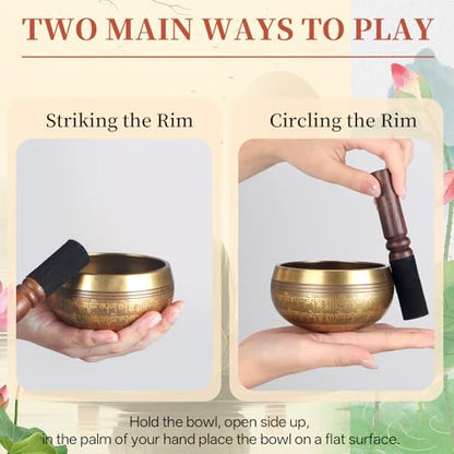 AKLOT HandMade Meditation Singing Bowl: Tibetan Sound Bowl Set with Pure Tone, Sound Bath Bowl with Cushion, Mallet, Spiritual Gift for Chakra Clearing, Mind Healing, Yoga, Prayer, Relaxation (4 Inch) - color: 4 inch Flower