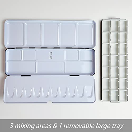 FCLUB Empty Watercolor Palette Paint Tin with 21Pcs Watercolor Full Pans | Medium Metal Watercolor Palette, Empty 3ML Full Pans, Folding Paint Tray with Lid, Paint Refills, Color Mixing, Art Painting - style: Tin Box with 21 Full Pans