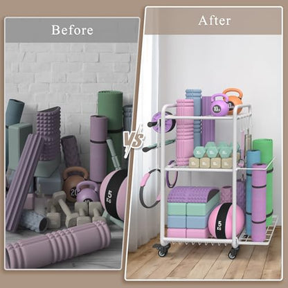 Multi-Functional Home Gym Storage Rack with Wheels and Hooks - color: White