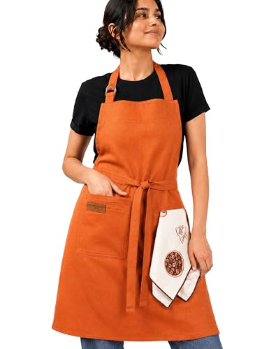 100% Cotton Kitchen Apron with 2 Pockets – Adjustable Chef Apron for Cooking Baking BBQ – Unisex Apron - color: Ochre