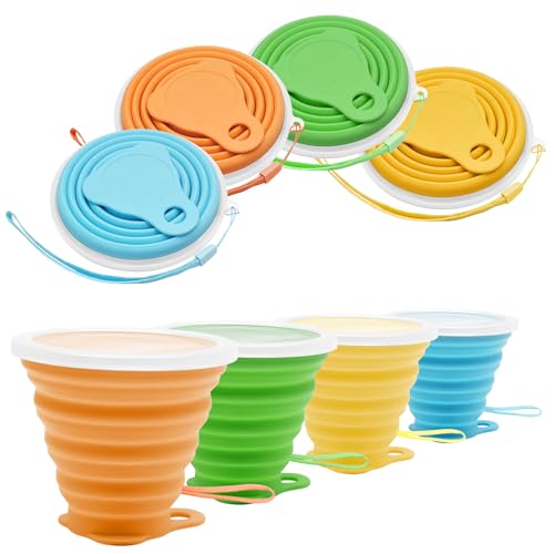 Litoexpe 4 Pack Silica gel Collapsible Travel Cup 270ml, Style 3 | Yellow & Orange & Blue & Green, with Lids, Portable Folding Camping Cup, for Camping and Travel - color: Yellow & Orange & Blue & Green