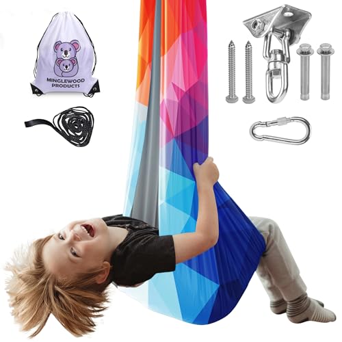 MINGLEWOOD Sensory Swing for Kids – Indoor Swing Set with 360° Swivel Hanger – Cozy & Calming Hammock for Autism, Anxiety, ADHD & Sensory Disorders - color: Rainbow