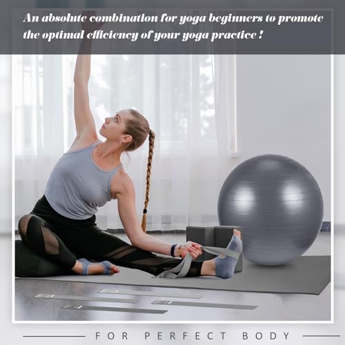 Liliful 10 Pcs Yoga Starter Kit Include 6mm Yoga Mat with Carry Strap, 2 Blocks, 65cm Pilates Ball, Stretch Strap, 5 Resistance Bands with Air Pump Home Workout Set for Beginners Women Men Gym - color: Gray