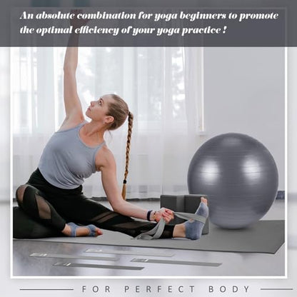 Liliful 10 Pcs Yoga Starter Kit Include 6mm Yoga Mat with Carry Strap, 2 Blocks, 65cm Pilates Ball, Stretch Strap, 5 Resistance Bands with Air Pump Home Workout Set for Beginners Women Men Gym - color: Gray