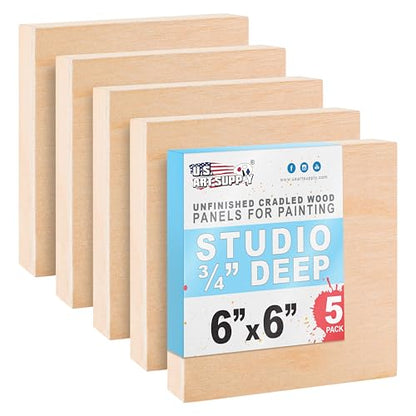 U.S. Art Supply 06" x 06" Unfinished Cradled Wood Panels for Painting, Studio 3/4" Deep (5 Pack) - Artist Depth Birch Wooden Wall Canvases - Mixed-Media Craft, Acrylic, Oil, Encaustic, Paint Pouring - size: 6" x 6", style: Square