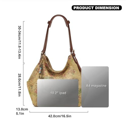 Worldlyda Women Canvas Hobo Purse Multi Pocket Tote Shopper Shoulder Bag Casual Top Handle handbag with Embroidery Ethnic - color: Be06brown Pattern 2