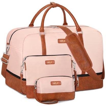 IBFUN Weekender Bags for Women, 21" Weekender Travel Bag, Travel Duffle Bag with Shoe Compartment Carry on Overnight Duffel Bag for Weekend Travel Business Trip, 3PCS - color: B3-Polyester-Pink