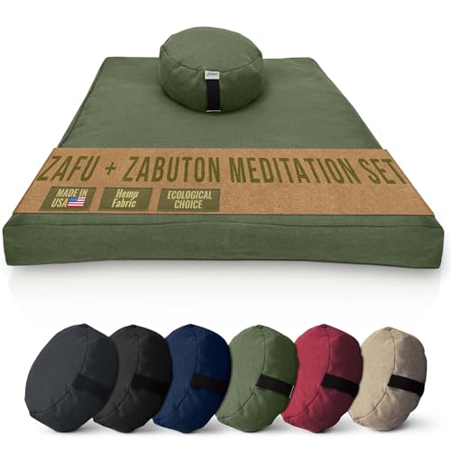 Meditation Cushion Mat Set HEMP - Round Zafu Floor Pillow Organic Buckwheat Pillow + Cotton Filled Zabuton Prayer Pad - Meditation Pillow Yoga Knee Pad - Made in USA - 14" Round, CACTUS Hemp - color: Cactus - Hemp, size: Round Combo