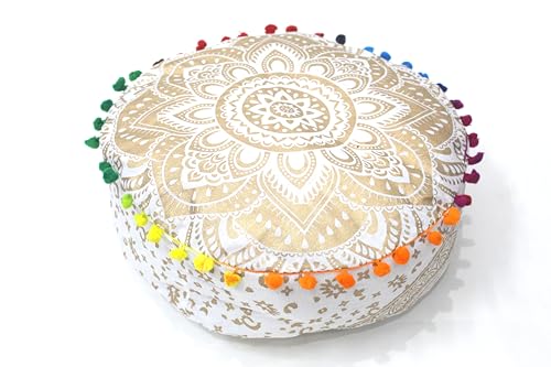 INDIAN CRAFT CASTLE ICC Mandala Barmeri Large Floor Pillow Cover Cushion Meditation Seating Ottoman Throw Cover Hippie Decorative Zipped Bohemian Pouf Ottoman Cases Golden, 16" Round - color: Golden, size: 16"D x 16"W x 5"H