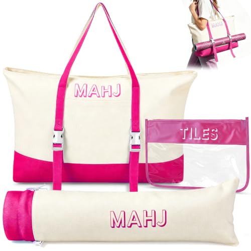 Mahjong Bag Storage Carrying Case for Tiles with Shoulder Strap (Rose Red) | 3-Bag System, External Mat Strap, Large Capacity, Lightweight Canvas, Reinforced Stitching, Fast Packing. - color: Rose Red