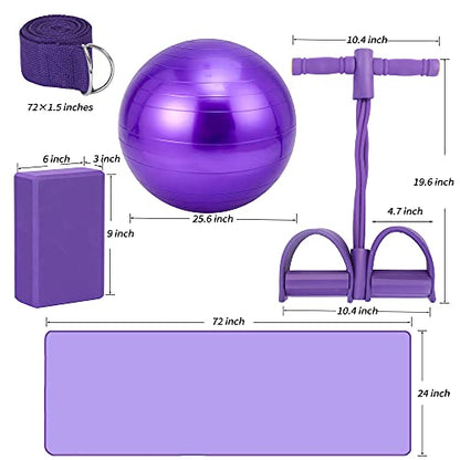 Yoga Mat Set for Beginners,Yoga Mat with Carrying Strap,Yoga Blocks 2 Pack with Yoga Strap,Yoga Ball,Ankle Puller,11-Piece Yoga Kits and Sets for Beginners,Yoga Starter Kit for Women Men - color: Purple