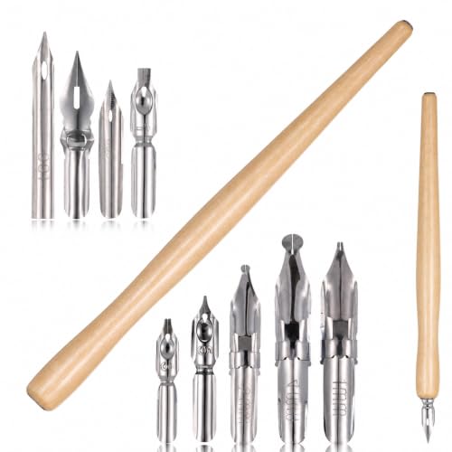 Styquenzer Dip Pen Nibs with Wooden Drawing Pens Holder 10 Pcs | Calligraphy Dip Pen Nibs Holders with Stainless Steel Nib Dip-Pens for Writing, Painting, Signing