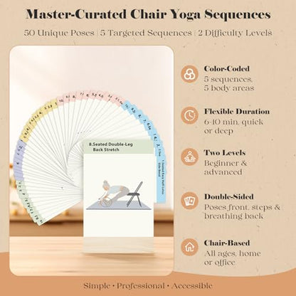 Chair Yoga Cards with Solid Wood Stand for Seniors & Older Adults | 50 Large Print Exercises with 5 Guided Routines | The Perfect Chair Yoga Gift for Balance, Strength & Flexibility