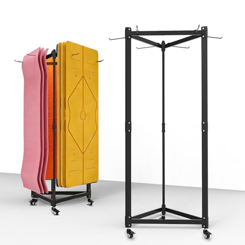 Hanging Yoga Mat Holder, Metal Double Sided Yoga Mats Storage Cart on Wheels, Floor Standing Pilates Mat Rack for Home Gym, Exercise, Yoga Studio, with Punching Tool