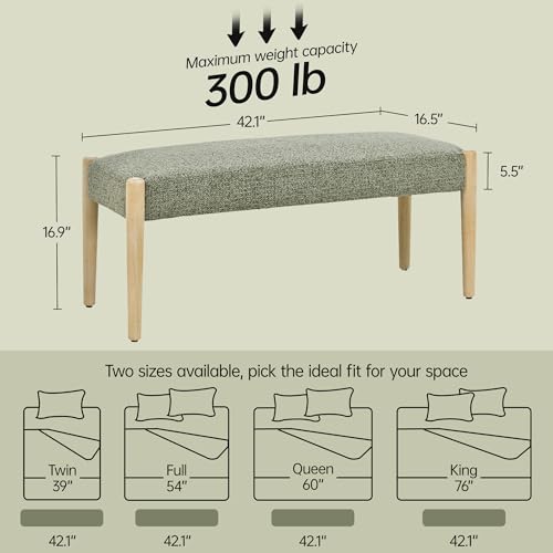 Usaint 42" End of Bed Bench with Wood Legs, Green with Oak Leg - color: Green With Oak Leg